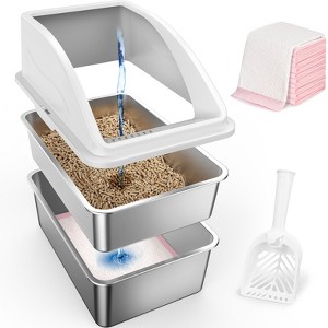 XXL Stainless Steel Sifting Litter Box for Pine Pellet & Non-Clumping Litter, Anti-Leakage High-Sided Cat Litter Box with Lid for Large Cats - 1 of 4