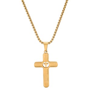 Steeltime 24" Men's 18k gold plated stainless steel Lords prayer cross pendant - 1 of 4