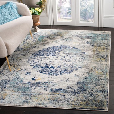 Light Gray and Blue Floral Motif Square Area Rug
