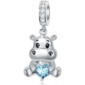 Sterling Silver Hippo Charm with 12 Birthstones - Animal Bead for Bracelets, Gift for Hippo Lovers - 1 of 4