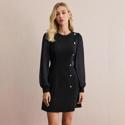 Coolmee Women Elegant Round Neck Mesh Contrast Stitching Slim Long Sleeve Button Wrap Mini Dress