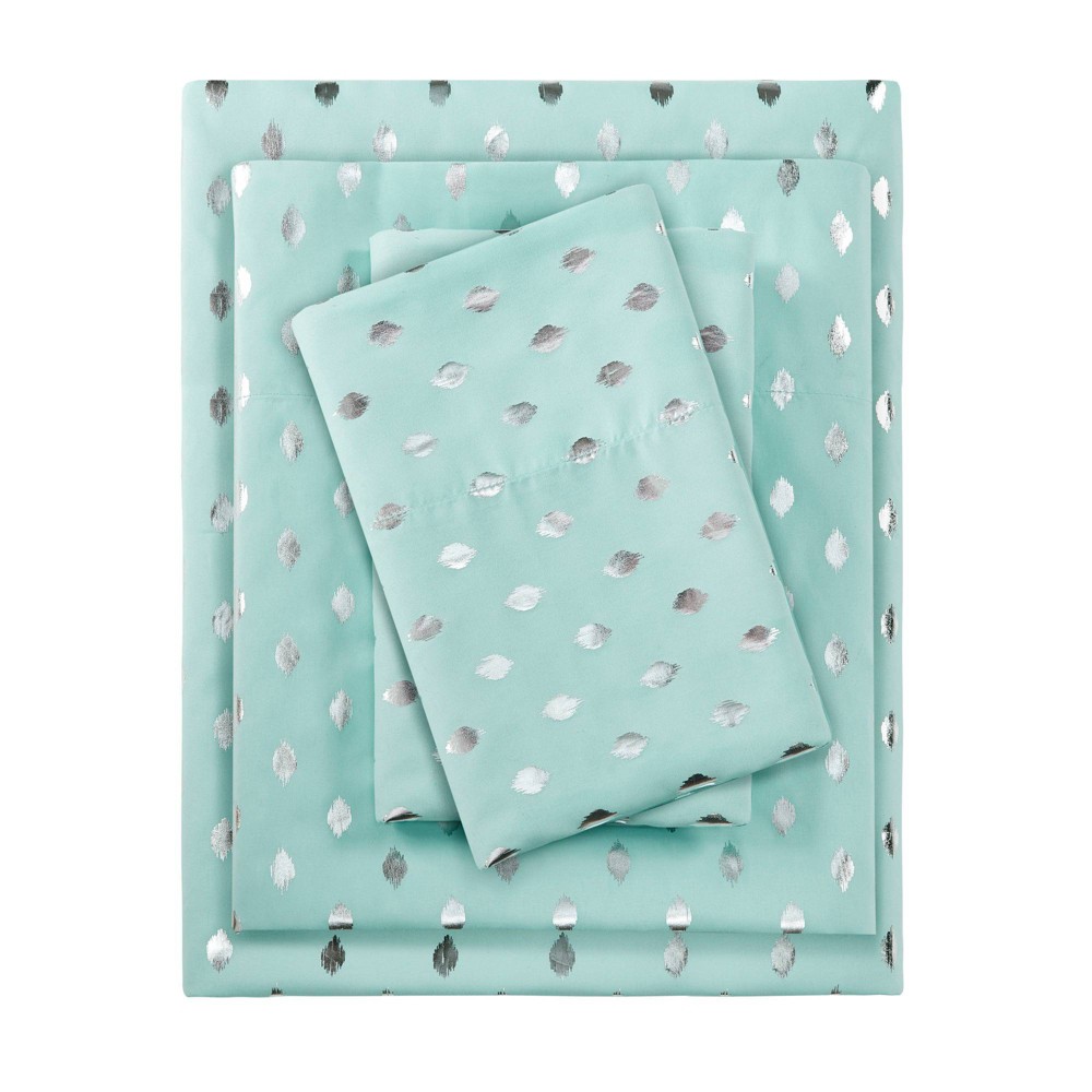 Photos - Bed Linen Queen Metallic Dot Printed Sheet Set Aqua/Silver