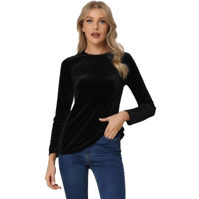 INSPIRE CHIC Women's Solid Round Neck Stretchy Long Sleeve Velvet Blouse