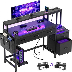WOWLIVE 57 inch Gaming Desk with LED Lights & Power Outlet, Computer Desk with Monitor Stand and 5 Storage Drawers for Home Office - 1 of 4