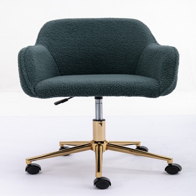 GlasFlength Task and Office Chairs Modern Teddy Fabric Adjustable Height Swivel Chair with Gold Base for Home Office, Green, 24.8"*22.8"*33.8"