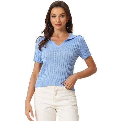 Allegra K Women's V-Neck Short Sleeve Cable Knit Crop Top Pullover Sweater Top