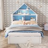 KTMBDW Full Size House-Shaped Bed with Bookcase Headboard and Led Light and Twin Size Trundle, No Box Spring Needed, for Kids Boys Girls, Blue+ White - 2 of 4