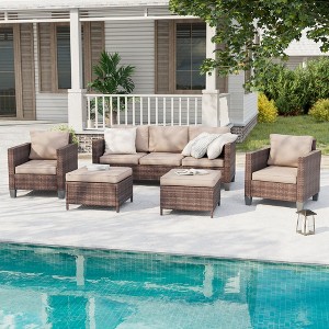 Sonkuki 5-Piece Outdoor Patio Conversation Sofa Set Rattan Wicker Patio Furniture Set with Cushions, Widen Armrest - 1 of 4
