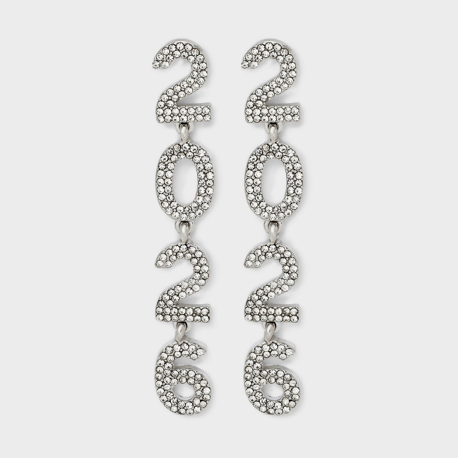 New Years "2026" Rhinestone Drop Earrings - Silver