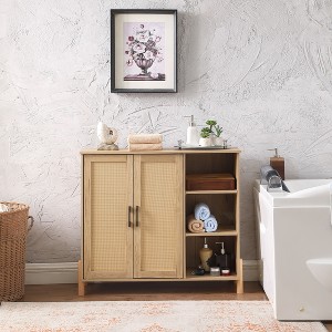 GDFStudio Riven Mid-Century Modern 35.4'' Storage Cabinet with Woven Rattan Doors, Open Shelves and Adjustable Shelves - 1 of 4