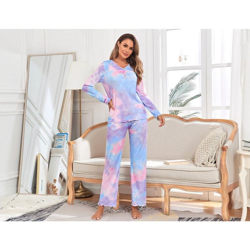 Women's Pajama Set Tie Dye Two Piece Long Sleeve Tops and Pants Sleepwear Soft Loungewear Pjs, 5 of 9
