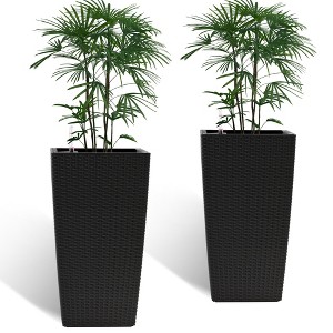 Kumasinova Set of 2 Square Planter Indoor Outdoor,22" High Faux Rattan Flower Pot with Automatic Watering System for Porch,Patio,Backyard - 1 of 4