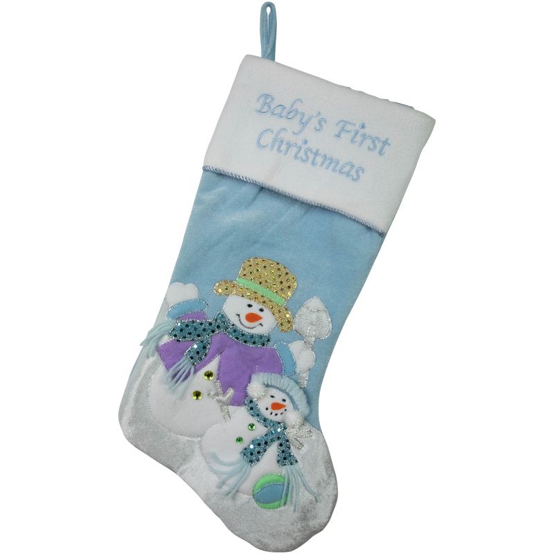 Northlight 21" Blue and White "Baby's First Christmas" Snowman Stocking, 1 of 6