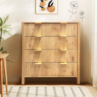 4 Drawer Dresser for Bedroom, Fluted Tall Chest of Drawers, Mid Century Modern Bedroom Storage Cabinet for Living Room, Hallway or Closet, Oak