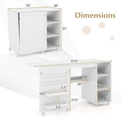White Folding Sewing Table with Storage Shelves and Lockable Casters