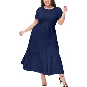 Anna-Kaci Women's Plus Size Casual Round Neck Flutter Short Sleeve Elastic Waist Smocked Maxi Dress - 1 of 4