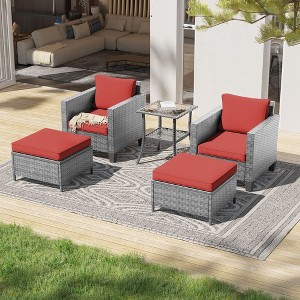 Sonkuki 5 Pieces PE Rattan Furniture Set with Side Table, Patio Chair with Washable Cushion, Ottomans for Balcony, Porch and Yard - 1 of 4