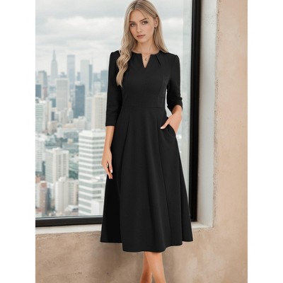 INSPIRE CHIC Women's Elegant Split Neck Side Zipper Pockets 3/4 Sleeve Work A-Line Dress