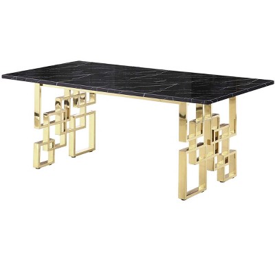 HomeRoots 79" Black and Gold Marble and Metal Double Pedestal Base Dining Table