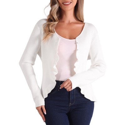 Allegra K Women's Long Sleeve Buttons Stretchy Ruffle V Neck Sweater Cardigan