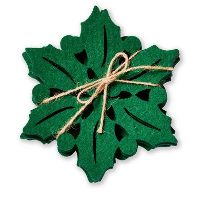 TAG Holly Coaster Set - Christmas Green Polyester Coasters for Bar - 4" x 4" - Spot Clean - Festive Drinkware Decor