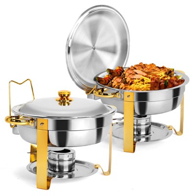 ROVSUN 5 Qt 2 Pack Gold Round Chafing Dishes for Buffet with Lid Holder, Buffet Warmer Set for Party