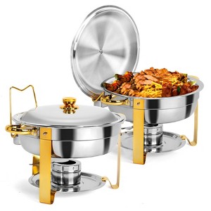 ROVSUN 5 Qt 2 Pack Gold Round Chafing Dishes for Buffet with Lid Holder, Buffet Warmer Set for Party - 1 of 4