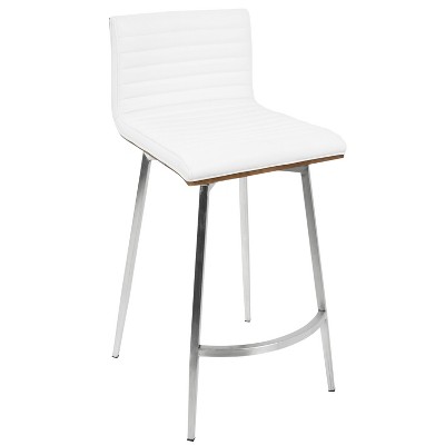 Set of 2 White Faux Leather Swivel Counter Stools with Walnut Wood and Stainless Steel