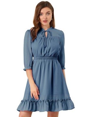 Allegra K Women's Solid Ruffle Hem 3/4 Sleeve A-Line Smocked Short Chiffon Dress