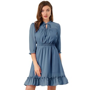 Allegra K Women's Solid Ruffle Hem 3/4 Sleeve A-Line Smocked Short Chiffon Dress - 1 of 4