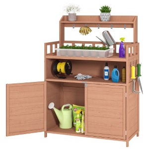 Potting Bench, Outdoor Gardening Table, Wood Garden Planting Workstation Work Benches With Bottom Large Storage Cabinet, Top Shelves For Patio Lawn - 1 of 4