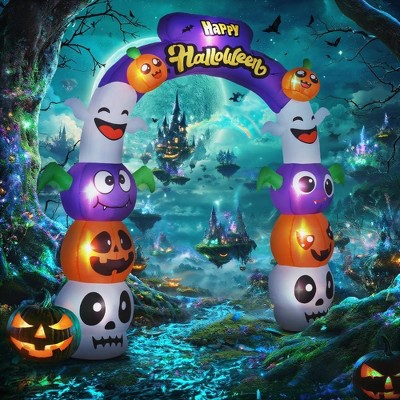 Whisen Inflatable Halloween Archway with Pumpkin Skulls Ghosts Bats Archway Beams and Yellow Lettering - Multicolor