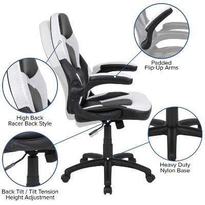 Ergonomic High-Back Racing Style Gaming Chair with Flip-Up Arms in Black Nylon
