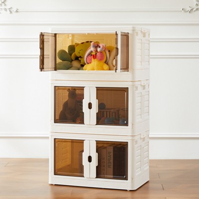 GlasFlength Decorative Storage Cabinets, Portable Organizer Boxes with Doors and Wheels for Living Room, Bedroom, White and Brown, 26"*15.7"*14.8"
