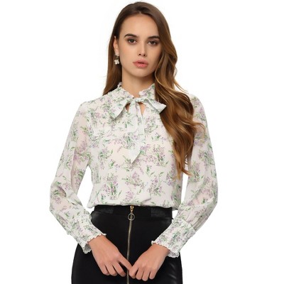 Allegra K Women's Floral Blouse Shirred Long Sleeves Spring Tie Frill ...