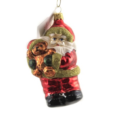 Golden Bell Collection 4.5" Red Santa Holding Teddy Bear Ornament Czech Christmas Gift  -  Tree Ornaments