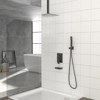 PAGED 12 Inch Ceiling Mount Square Shower Head with Waterfall Tub Spout and Rough-in Valve, Shower Heads for Bathroom