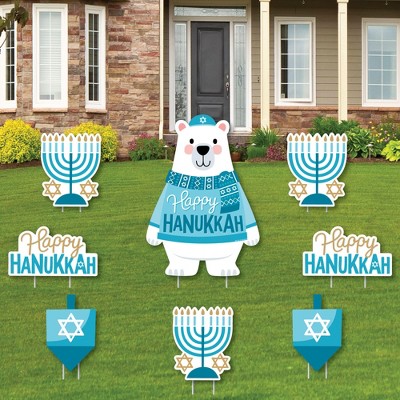 Big Dot of Happiness Hanukkah Bear - Yard Sign and Outdoor Lawn Decorations - Chanukah Holiday Sweater Party Yard Signs - Set of 8