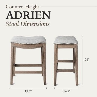 Adrien Reclaimed Oak Backless Saddle Counter Stool with Grey Fabric Upholstery