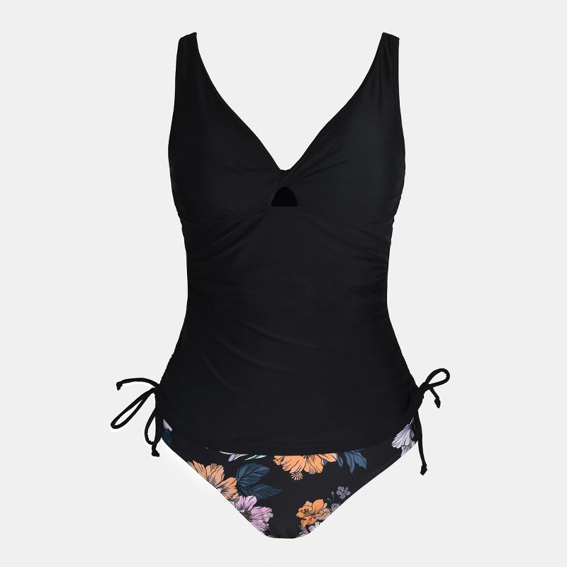 Women's Cutout Drawstring Tankini Top & Floral Mid Waist Bikini Set Swimsuit - Cupshe, 3 of 6