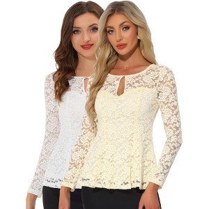 INSPIRE CHIC Women's Floral Lace Front Peplum Hem Keyhole Sheer Long Sleeve Blouse 2 Pieces - 1 of 4