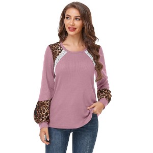 Coolmee Long Sleeve Shirts for Women Color Block Leopard Print Raglan Tops Casual Crewneck Basic Tees Fashion Fall Clothes - 1 of 4