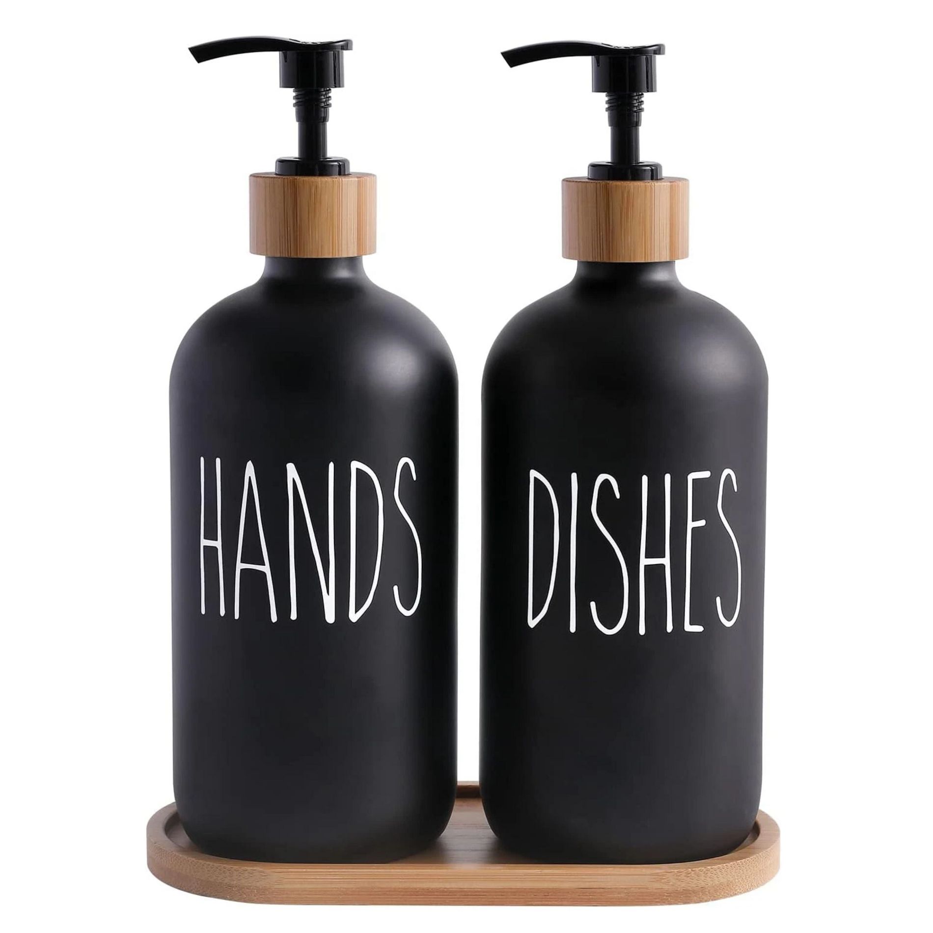 Kitcheniva Glass Soap Dispenser Set with Bamboo Tray - For Bathroom and Kitchen, Black