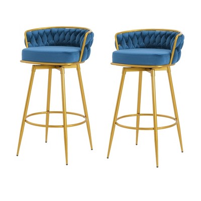 DSVIMOY Counter and Bar Stool Set Swivel Seat with Hand Woven Backrest and Gold Metal Legs for Kitchen Island, Blue, 27"*21.75"*14.5"