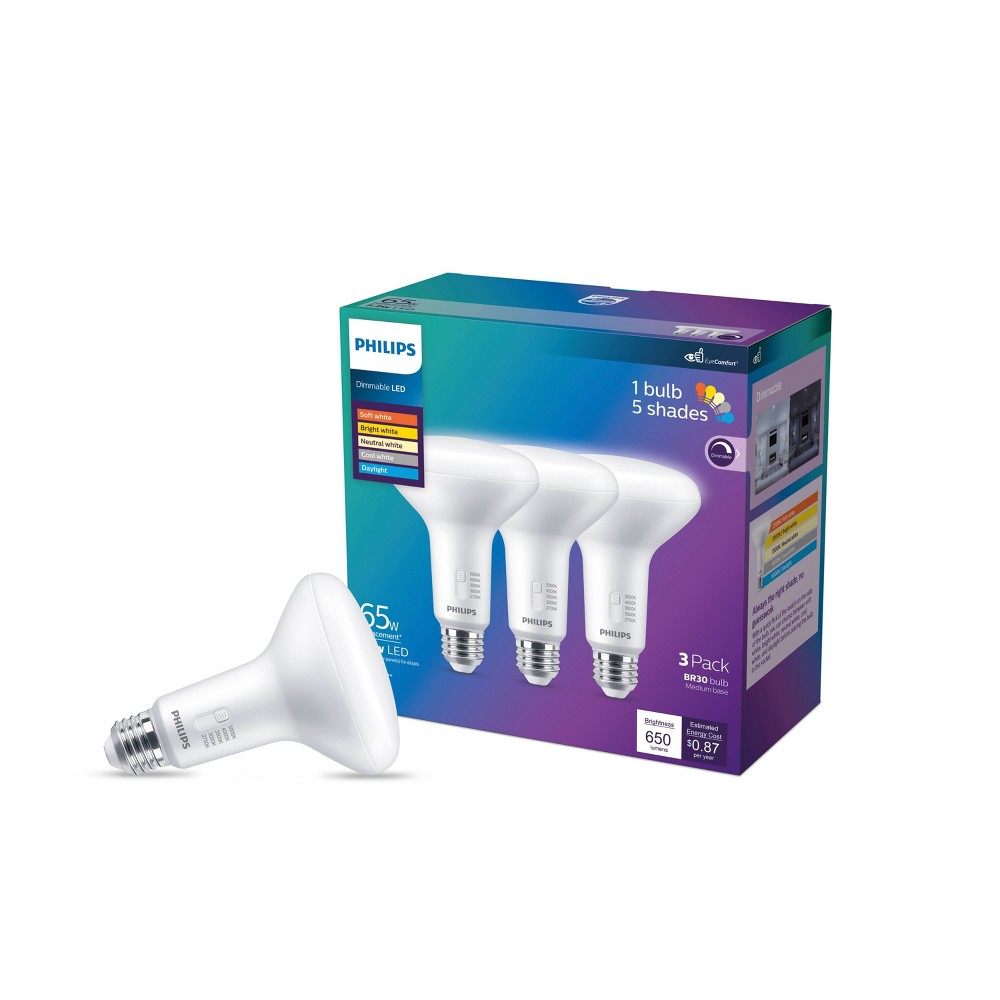 Philips LED Multi-CCT Dip Switch 65W BR30 3P: Dimmable BR30 Light Bulbs, 650 Lumens, E26 Base, 3 Pack, 13.7-Year Life