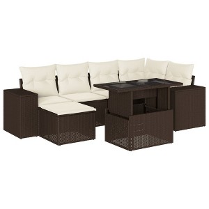 vidaXL 7 Piece Patio Sofa Set with Cushions Brown and Cream Poly Rattan - Without Storage - 1 of 4