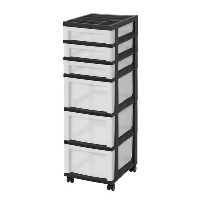 Rolling 5 Drawers Storage Cabinet Plastic Storage Organizer with Wheels  Modern Storage Tower for Home Living Room Bedroom Office, Black & Clear