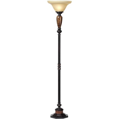 Kathy Ireland Vintage Torchiere Floor Lamp 72" Tall Bronze Faux Marble Alabaster Glass Shade for Living Room Reading House Office
