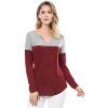 Allegra K Women's Casual Color Block Stretch Long Sleeves Split V-Neck T-Shirt - 3 of 4