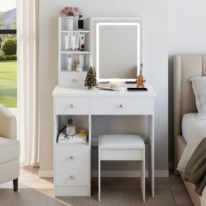 FONTOI 29.2"W/37"W/41"W Makeup Vanity Table with Left Drawer Stool Large Sliding Mirror Capacity Storage for Bedroom Dressing Room, White/Black - 1 of 4